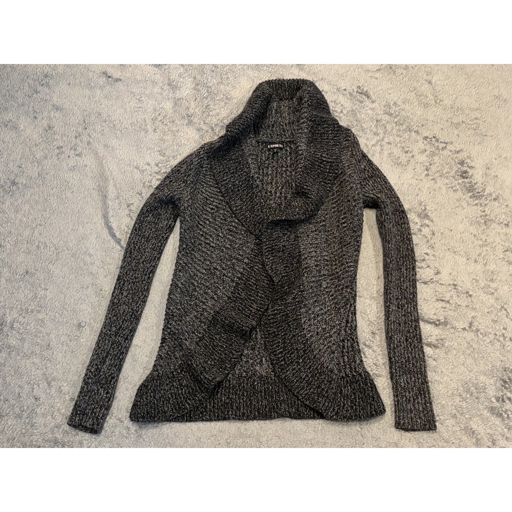 Express Gray Shimmer Merino Wool Blend Open Cardigan Sweater Womens XS